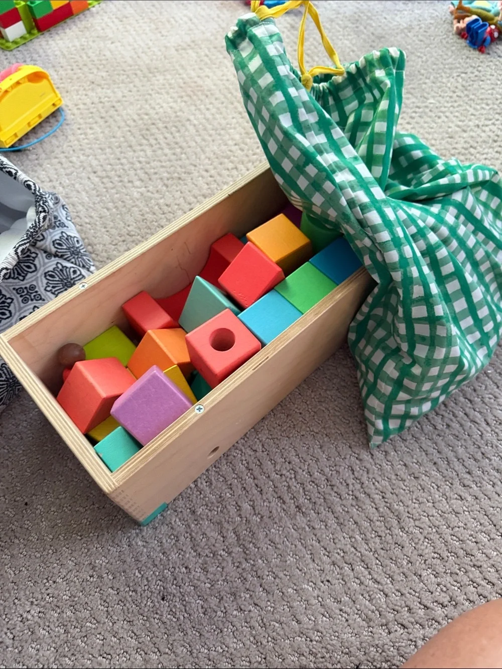 Colorful Wooden Shape Block Set with Green Drawstring Bag